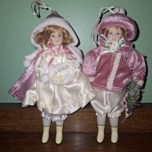Vintage Porcelain Dolls Victorian Christmas Ornament Lot 7" Pink